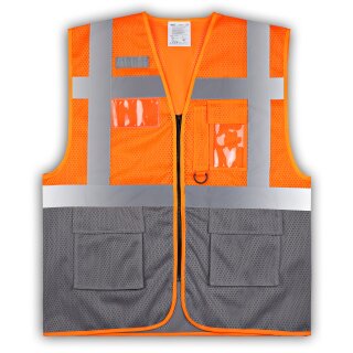 YOKO®  Open Mesh Waistcoats Mesh Warnweste mit Taschen und Reißverschluss orange/grau